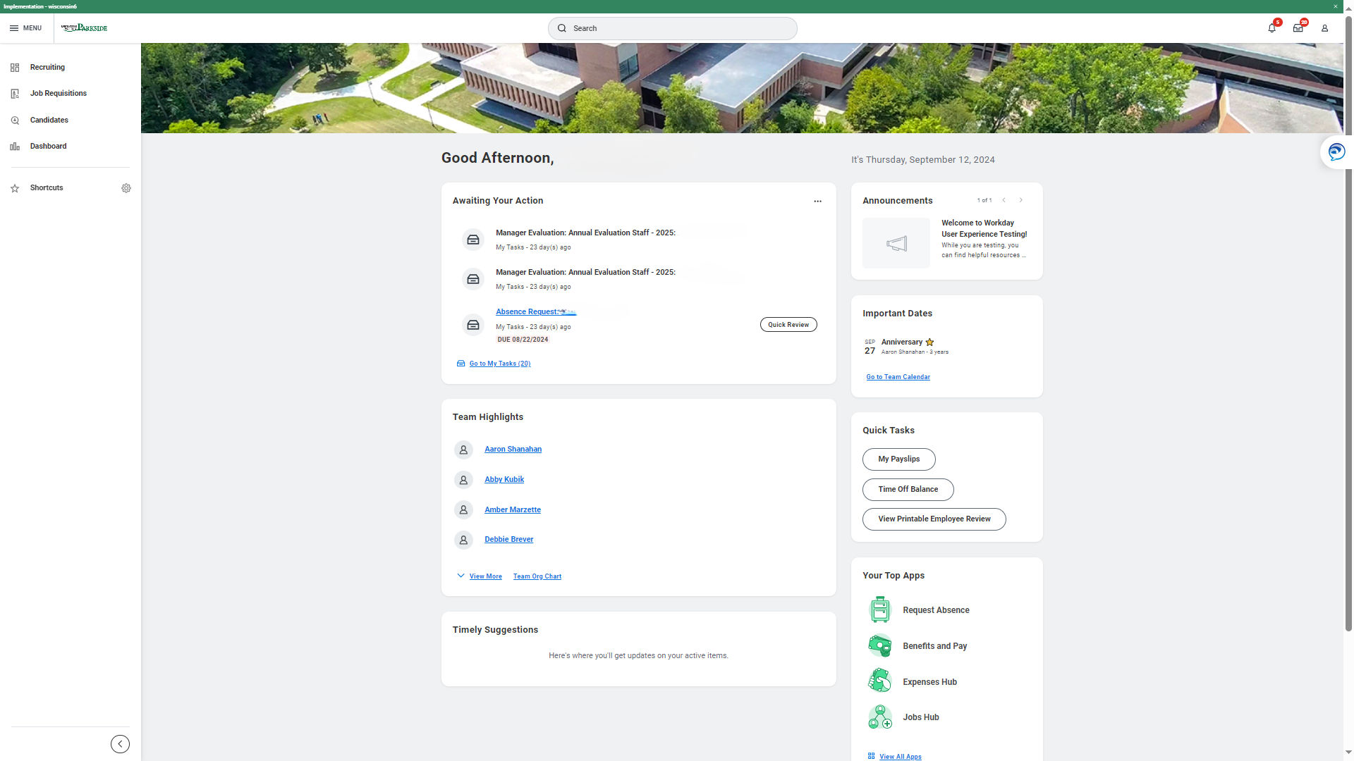 Workday Dashboard Home page