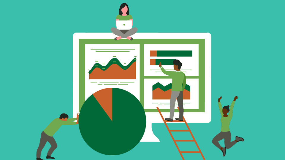 data vis 720 x 405 cartoon image of people building graphs and pie charts