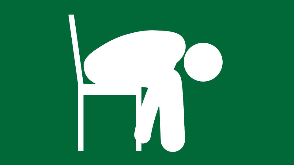white icon green background, person stretching in chair