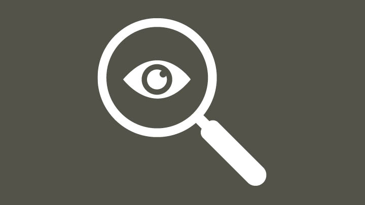 white vector image of a magnifying glass with an eye