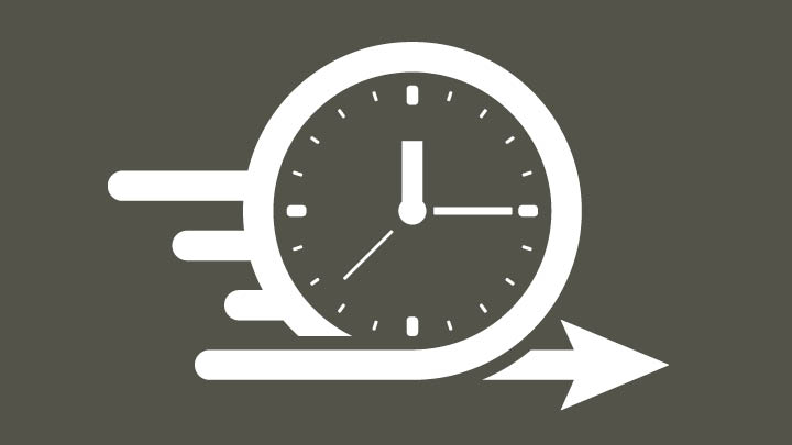 white icon of a clock with movement graphics