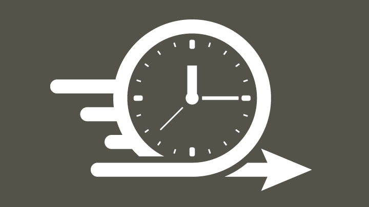 timeline white icon of a clock with movement graphics