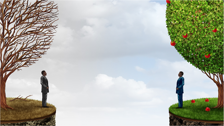 two people standing on opposite sides one grown tree one dead tree