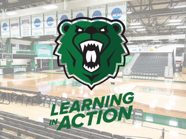 Image of Ranger Bear in front of the De Simone Arena with the learning in action logo below to highlight an internship story