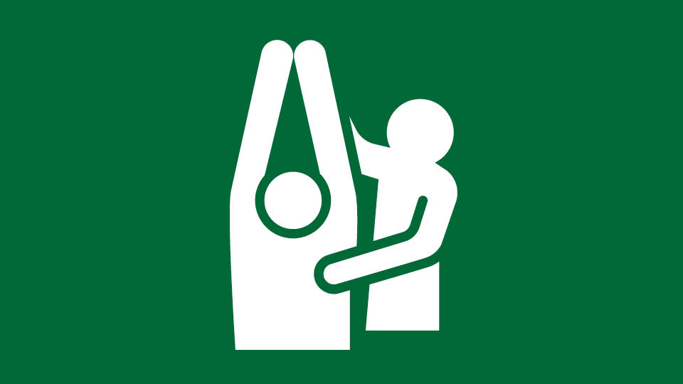 White icon of a person guiding another to stretch