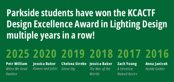 Parkside students have won the KCACTF Design Excellence Award in Lighting Design multiple years in a row!