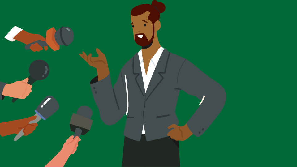 illustration of young man with mics in front as he&#39;s speaking