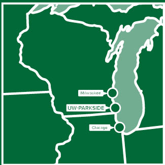 White image of the state of Wisconsin, Chicago Milwaukee corridor, Parkside right in center