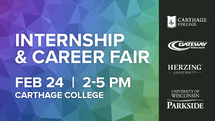 Graphic that promotes the spring internship and career fair and how it takes place at Carthage college on February 24 between 2pm and 5pm 