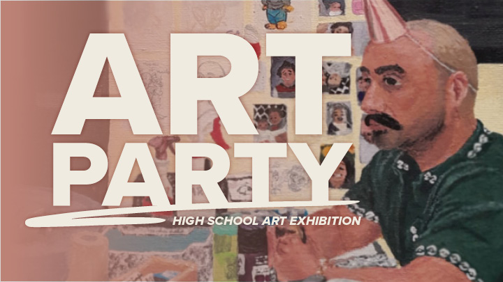 This image depicts a painting of a man sitting at the cluttered table with a party hat on. This painting was done by Clover Huml. It's titled Long Day, and was done in acrylic.