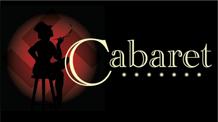 Silhouette of a woman sitting on a stool smoking on a red background with a swastika and text to the right &quot;Cabaret&quot;