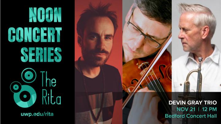 Three individual photos of the members of the Devin Gray Trio with text details about the event.