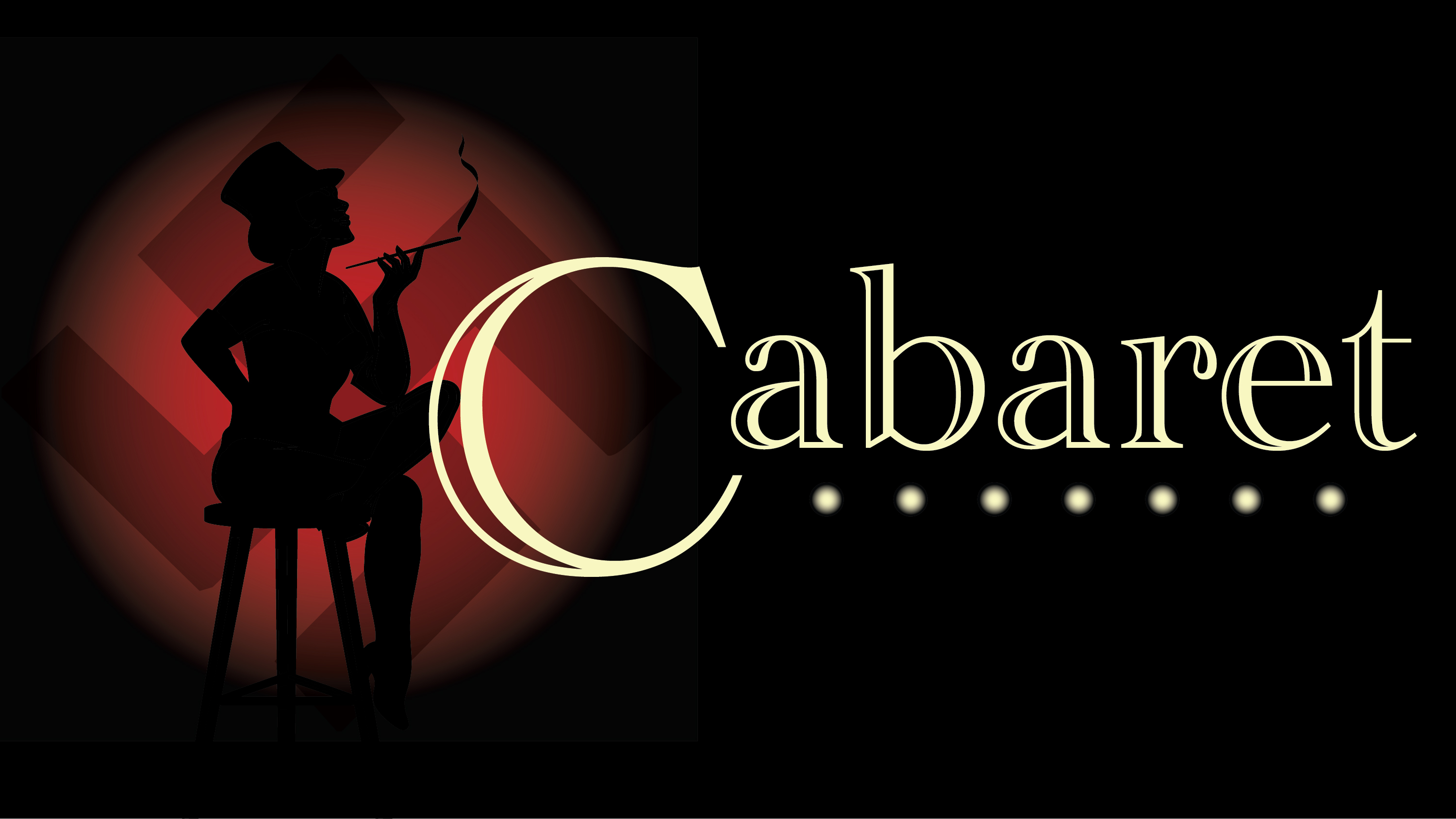 The word cabaret overtop a cartoon silhouette of a woman sitting on a chair and smoking