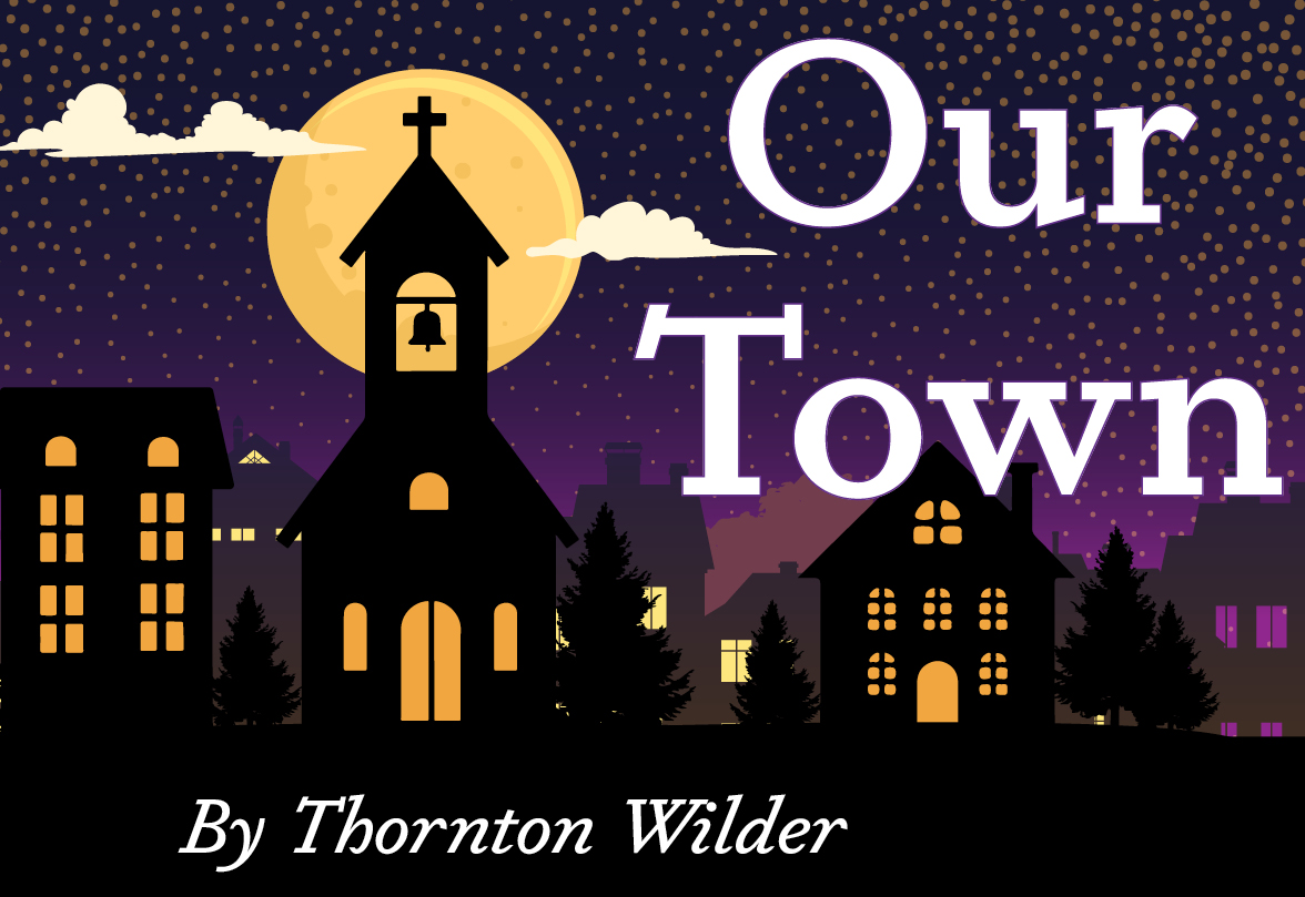 Image of purple sky with moon rising over silhouette of town