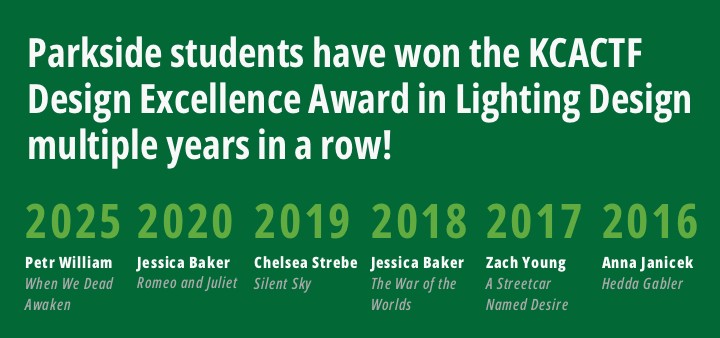 Parkside students have won the KCACTF Design Excellence Award in Lighting Design multiple years in a row!