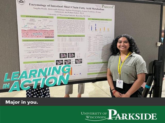 UW-Parkside Snigdha Reddy, poses in front of her research at the National Conference of Undergraduate Research in San Diego as she puts her learning in action.