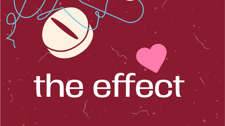white pill and pink heart on a red background with text "The Effect by Lucy Prebble, directed by Brett Olson"