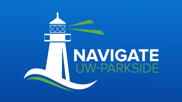 Blue background with white lighthouse Navigate