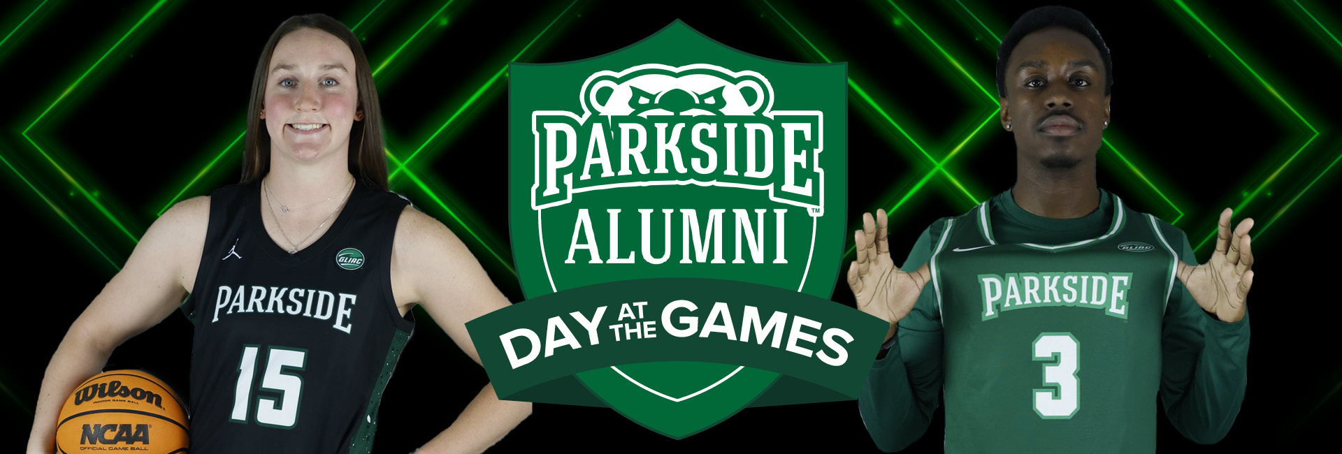 Two Parkside basketball players smile at the camera with a graphic that say