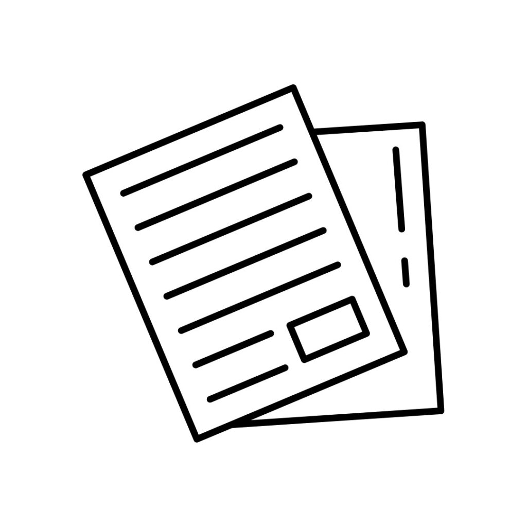 Simple black-and-white icon of two overlapping documents, with lines representing text and a rectangular box resembling a signature or form field.